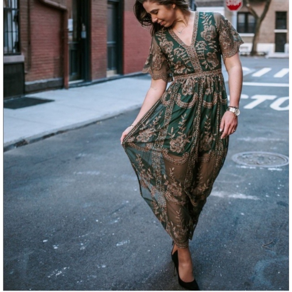Altar'd State Green and Gold Embroidered Maxi Dress